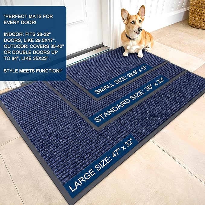 OLANLY Front Door Mat Indoor Outdoor Entrance, Waterproof Heavy Duty Doormat, Fade Resistant, Low Profile, Easy Clean Patio Porch Welcome Floor Mats for Entry, 71x30, Blue