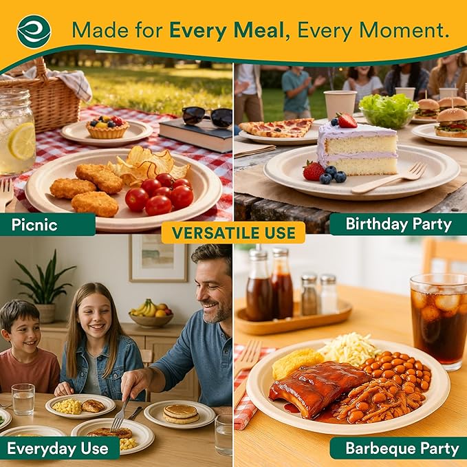 ECO SOUL Compostable Paper Plates 6 Inch (400 Count) Plates for Dessert, Heavy Duty, Eco-Friendly Sugarcane Bagasse Small Plates For Appetizer- Natural Brown