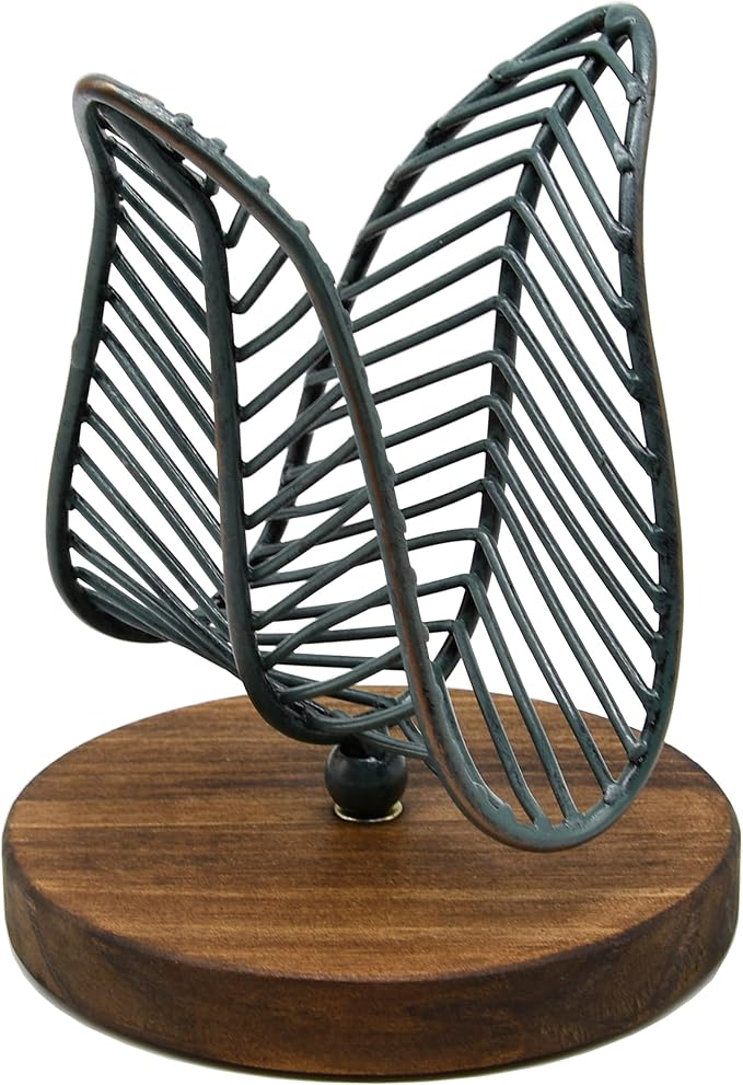 OwlGift Freestanding Modern Napkin Holder w/Golden Turquoise Wrought Iron Leaf & Brown Wooden Base Design, Tabletop Tissue Dispenser, Napkin Storage Organizer