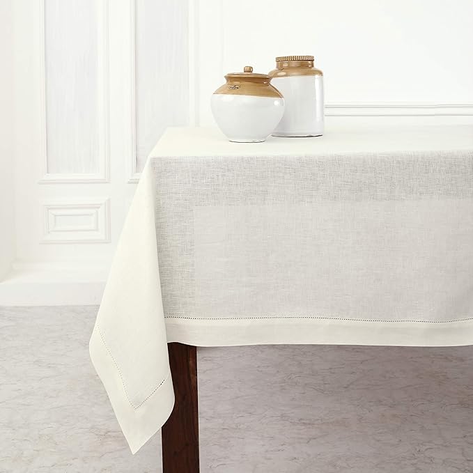 Solino Home Ivory Linen Tablecloth 52 x 52 Inch - 100% Pure Linen Square Table Throw - Classic Hemstitch, Machine Washable Table Cloth for Spring, Easter