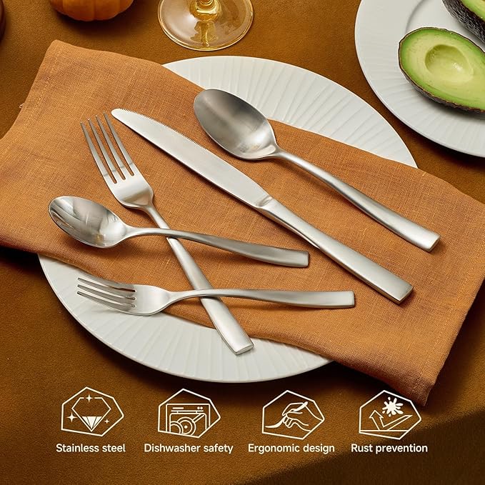 KINGSTONE 60-Piece Silverware Set for 12, Matte Stainless Steel Flatware Set with Forks, Knives, Spoons, Dishwasher Safe, Rust Resistant Cutlery for Home & Wedding
