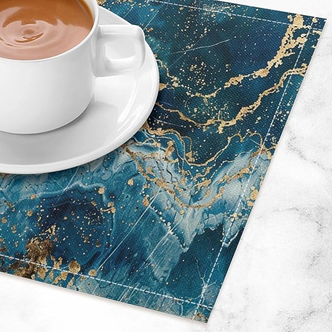 Marble Linen Placemats Set of 2, 12x17 Inch Modern Abstract Foil Stone Texture Royal Blue Gold Marble Table Mats Washable Fabric Place for Party Kitchen Wedding Dining Banquets Decor