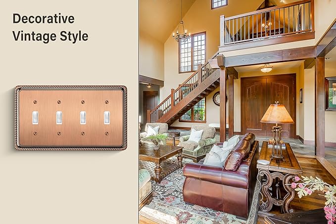 Henne Bery Rope Edge Decorative Wall Plate Switch Plate Outlet Cover (Quad Toggle, Antique Copper)