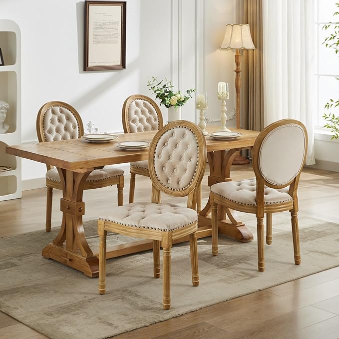Vintage French Dining Chairs Set of 8, Round Back Velvet Upholstered Accent Chairs with Nailhead Trim and Solid Wood Frame, Elegant Sillas de Comedor for Dining Room & Kitchen, Beige