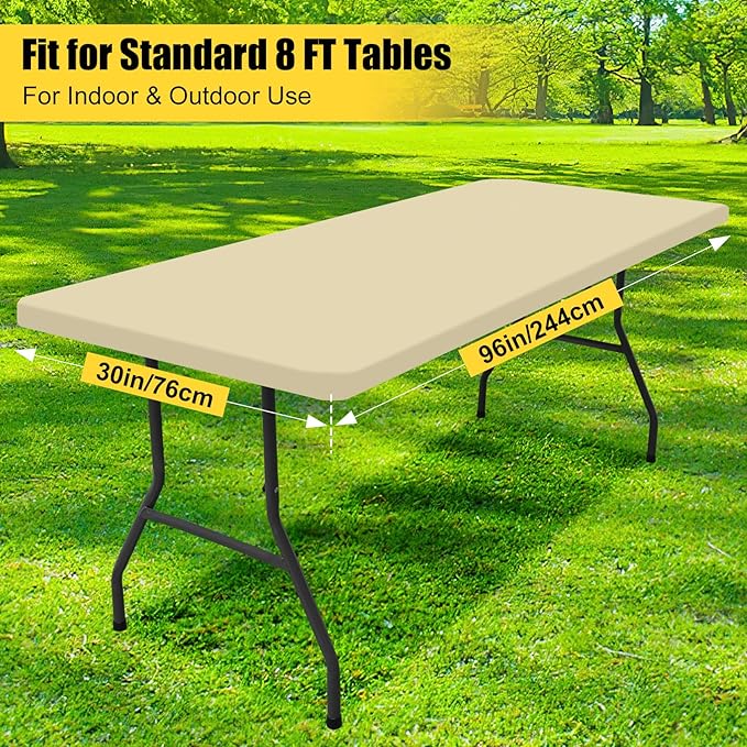 Smiry Rectangle Picnic Table Cloth, Waterproof Elastic Fitted Tablecloths for 8 Foot Tables, Washable Polyester Table Cover for Camping, Indoor and Outdoor (Champagne, 30"x96")