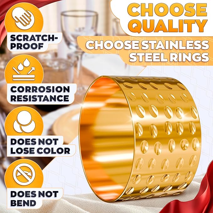Valentine Gold Napkin Rings - Hammered Gold Napkin Rings Set of 8-1.8"x1.1" Sturdy Metal Napkin Ring Holders for Weddings & Holiday Dinners, Romantic Valentine Table Decor, Stylish Gifts for Hosts
