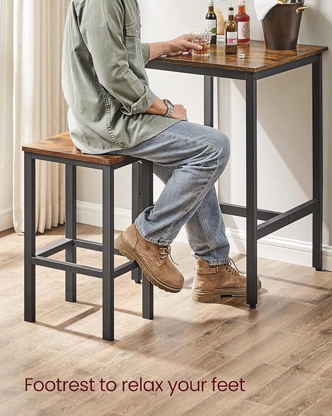 VASAGLE Bar Table and Chairs Set, Square Table with 2 Stools, Dining Pub Set for 2, Space Saving for Kitchen Breakfast, Living Room, Rustic Brown and Ink Black