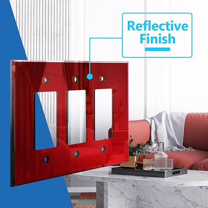 LIDER Reflective Acrylic Decorator Wall Plate, Mirrored Light Switch Plate, Plexiglass Outlet Cover, Acrylic Glass, Oversized 3-Gang 5.25" x 7.06", LWP-33O-ARD5P, Red, 5 Pack