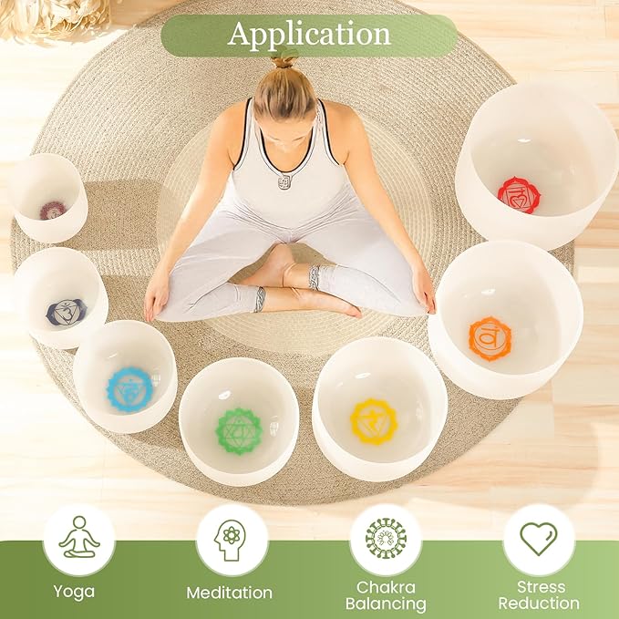 432HZ 6-12 Inch 7 Pcs Chakra Design Frosted Crystal Singing Bowl Set for Meditation Healing Yoga Chakra Quartz Crystal Sound Bowls with Heavy Duty Carry Cases and Rubber Mallet,Suede Striker,O-rings