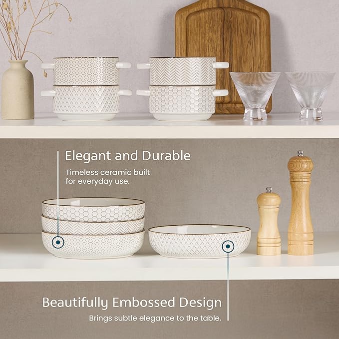KooK Pasta Bowls, Ceramic, Embossed Serving Bowls For Stews and Salads, Large Capacity, Microwave & Dishwasher Safe, Ivory with Dark Copper Accents, Set of 4, 40 oz, Narbonne Collection
