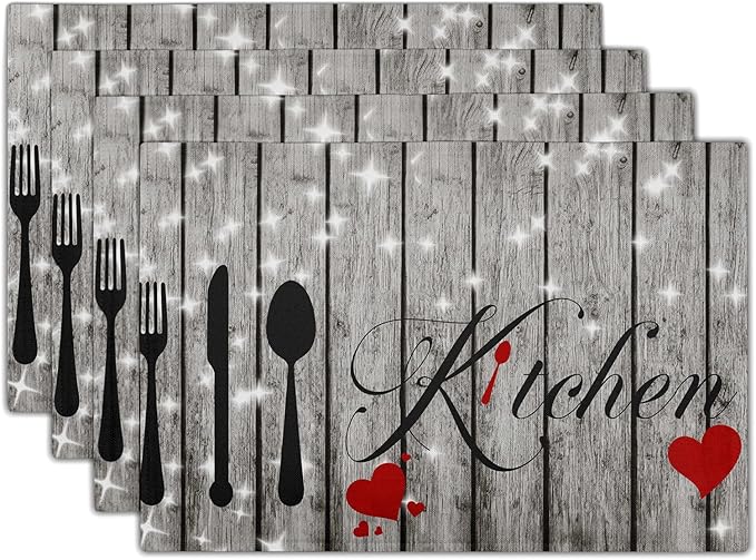 Farmhouse Kitchen Table Placemats - Rustic Place Mats Set of 4 Heart Wood Table Mats 12x18 for Party Kitchen Dining Grey
