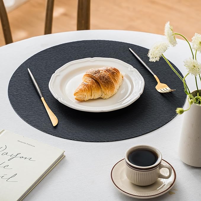 Jovono 15" Faux Leather Big Round Placemats Set of 6 - Washable Heat Resistant Non-Slip Dining Table Mats with Fabric Texture for Kitchen Home Party Decor, Black