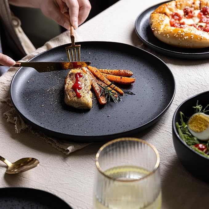 AmorArc Ceramic Dinner Plates Set of 6, Wavy Rim 10.25 Inch Stoneware Dish Set, Dinnerware Plates for Kitchen-Microwave&Dishwasher Safe, Scratch Resistant-Reactive Glaze Matte Speckled Black