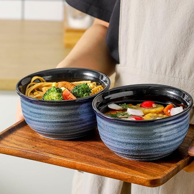 JINGUS Soup Bowl, 20 OZ Porcelain Cereal Bowls Set of 6 Perfect for Pasta, Snack, Oatmeal, Rice, Salad,and Ice Cream, Stackable & Durable Bowls for Kitchen, Microwave & Dishwasher Safe, Blue