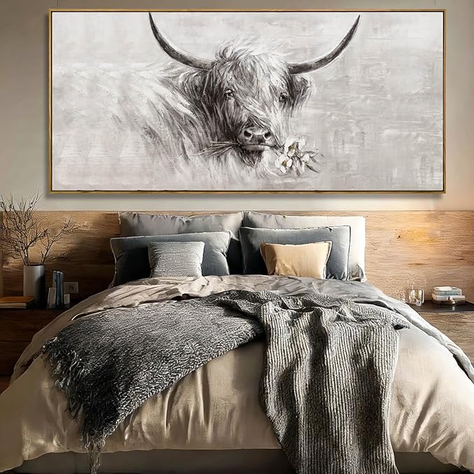 Framed Extra Large Gray Gold and White Cow Canvas Wall Art with Flower Modern Farmhouse Animal Poster for Living Room Bedroom Office Wall Decor 40x88 Inch