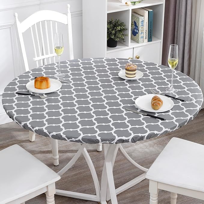 Walrus Round Vinyl Fitted Tablecloth with Flannel Backing Elastic Edge Design Table Cover Waterproof Oil-Proof PVC Table Cloth Stain-Resistant Best for 45"-56" Round