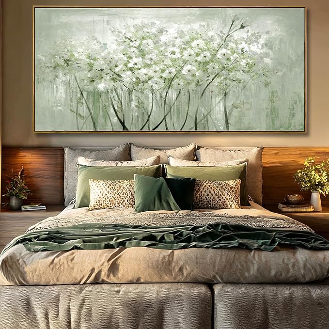Green and White Floral Wall Art Blossom Canvas Painting Nature-Inspired Artwork Large 40x88 Modern Framed Wall Decor for Living Room Bedroom Office