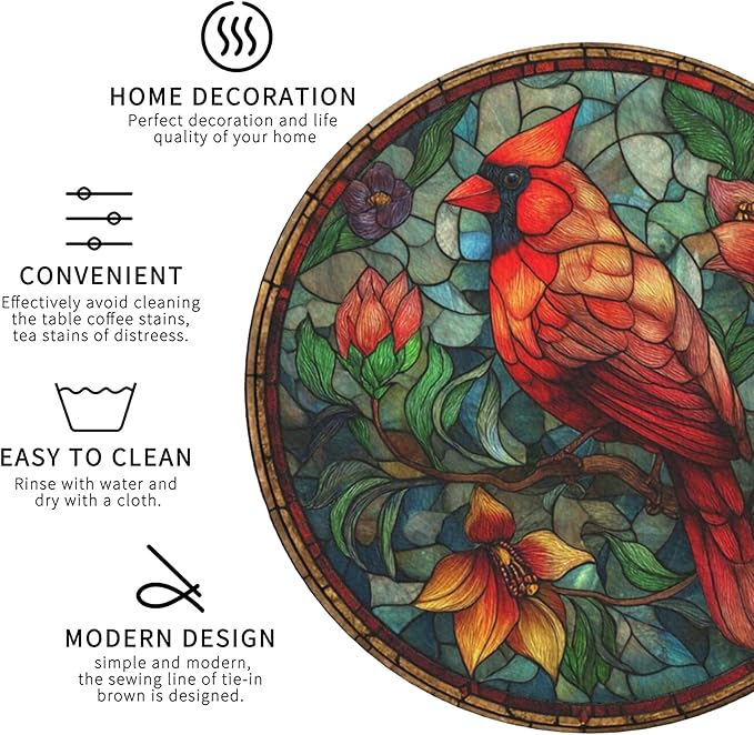Christmas Bird Coasters Leather Round Drink Coasters 6 Pcs Set with Holderor for Cup Drink Coffee Table Bar Home Decor