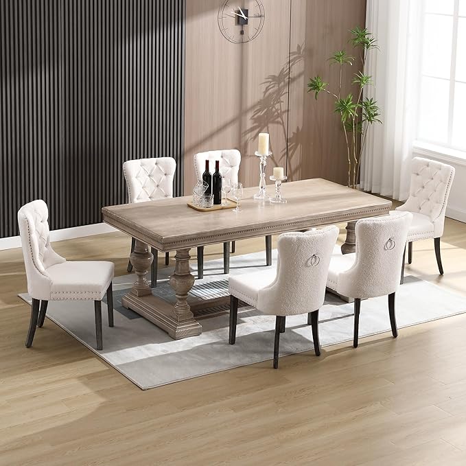 KCC Boucle Dining Chairs Set of 6, Upholstered High-end Tufted Dining Room Chair with Nailhead Back Ring Pull Trim Solid Wood Legs, Contemporary Nikki Collection Modern Style for Kitchen, Cream