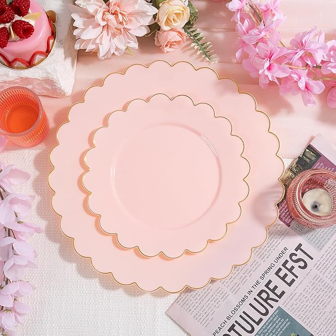 LIYH 120 Pcs Pink Plastic Plates Disposable - Pink Disposable Plastic Plates Set for Party Includes 60 Dinner Plate 10.25" & 60 Dessert Plate 7.5" Elegant Gold Rim for Party Birthday