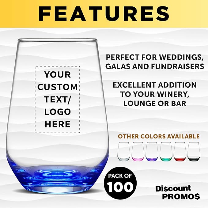 DISCOUNT PROMOS 100 Vaso Silicia Stemless Wine Glasses Set, 16 oz. - Personalized Text, Logo - Clear, Orb-Like, Thick base - Blue