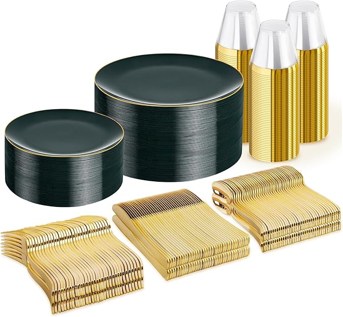 WDF 300Pcs Green Plates Disposable - Heavy Duty Green Plates - 50Guest Green Plastic Dinnerware Include 50 Dinner Plate, 50 Dessert Plate, 150 Cutlery & 50 9oz Cups for Parties St. Patrick’s Day