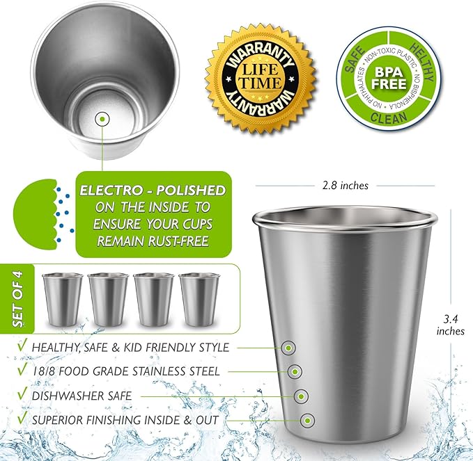 CHILLOUT LIFE Stainless Steel Kids Cups 8 oz - Stainless Steel Small Children Cups for Home & Outdoor Activities, BPA Free Unbreakable Premium Stackable Metal Drinking Glasses (4-Pack)