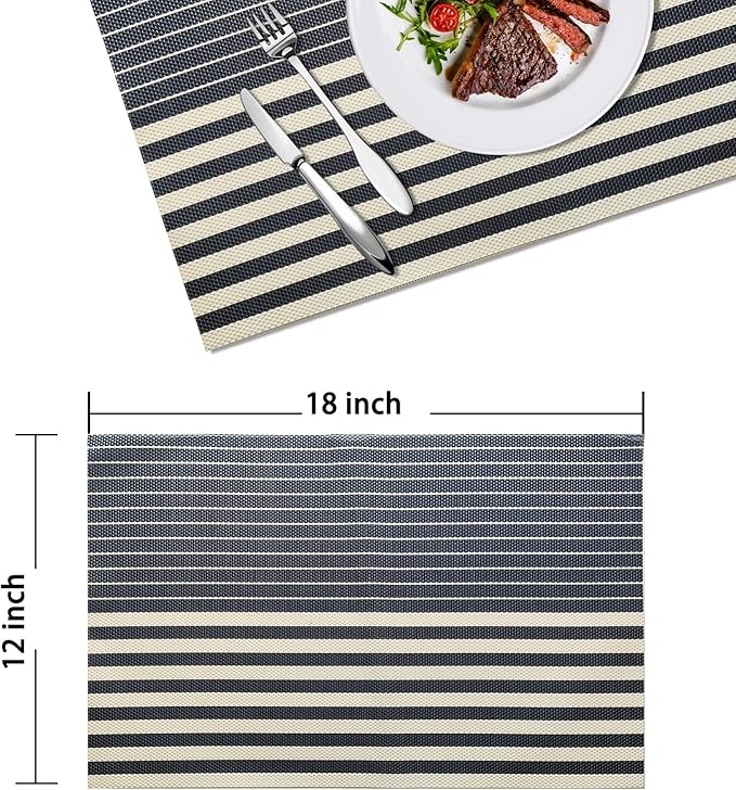 Placemats Set of 4 Vinyl Washable Navy Blue Placemats, 18"x12" Wipeable Heat-Resistant Non-Slip Easy Clean Table Mats Ideal for Dining Table Table Runner and Outdoor (4, Dark Blue Stripe)