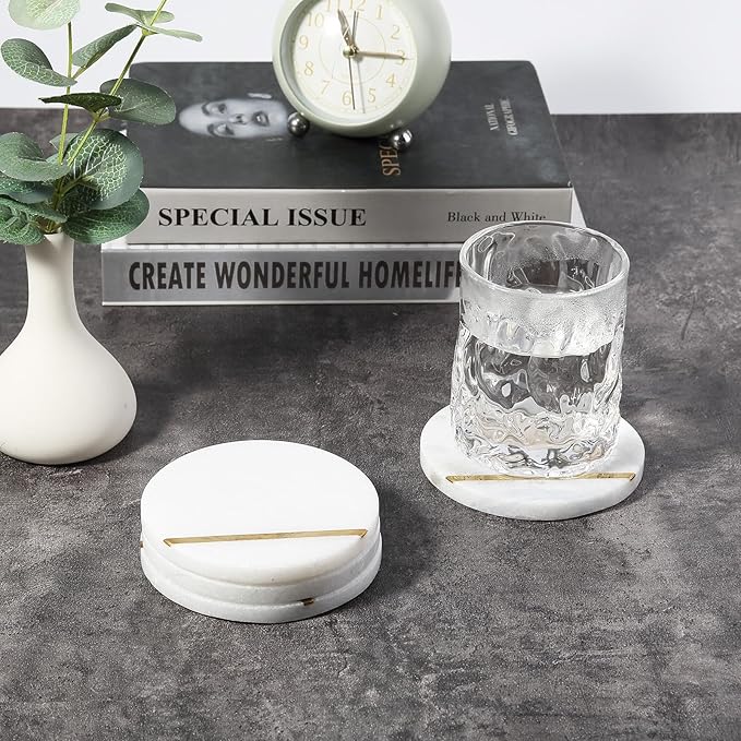 Koville Marble Coaster Set of 4, Round Coasters, 4" Stone Coaster for Drinks Coffee, White Marble with Gold Brass Coasters for Coffee Table Home Bar Decor, Heat Resistant, Gift Choice