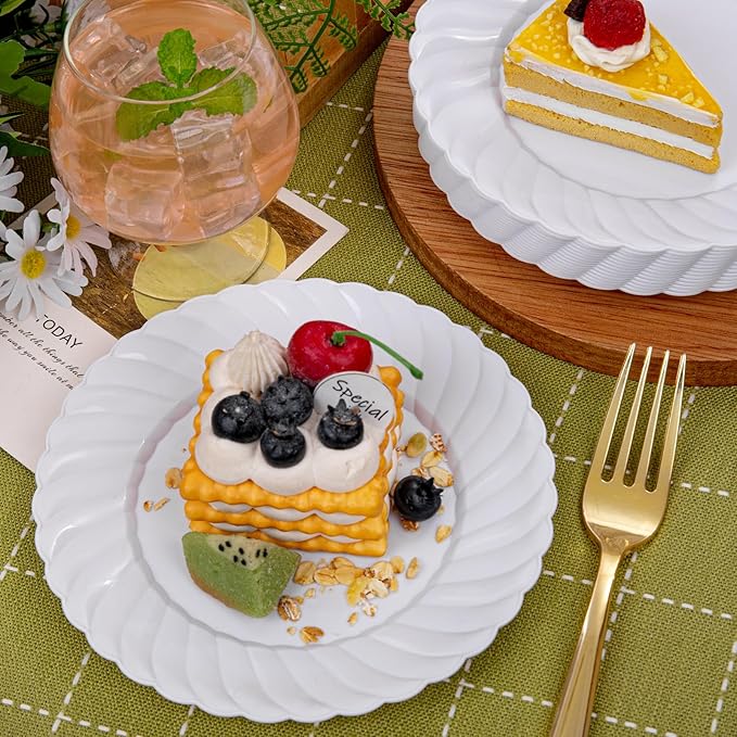 U-QE 100 Pieces White Plastic Plates - 6 Inch White Disposable Plates - Washable & Reusable - Premium Hard Dessert Plates - Party Supplies for Birthdays, Celebrations, Travel, Wedding,Party and Events