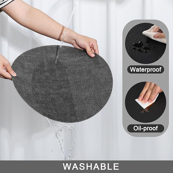 Myir JUN Round Placemats Dual Sided, Faux Leather Place Mats Set of 4 Indoor Placemats for Dining Table Outdoor Placemats Non-Slip Washable Table Mats (Set of 8, Gray Black)