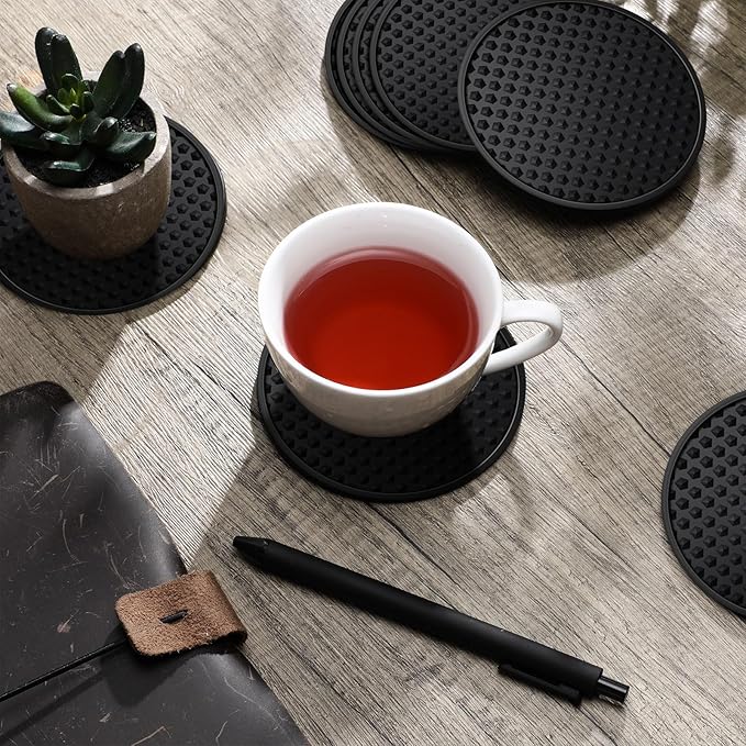 Eccliy 60 Pack Silicone Coasters for Drinks Nonslip Silicone Drink Coasters Cold Hot Heat Resistant for Table Tabletop Coffee Bar (Black)