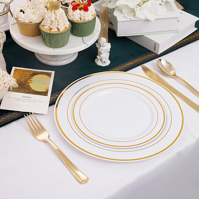 I00000 102 Pieces Gold Plastic Plates, Disposable Party Plates White Gold Rim, 51 Disposable Gold Dinner Plates 10.25 Inch and 51 Disposable Dessert Appetizer Elegant Fancy Wedding Plates 7.5 Inch