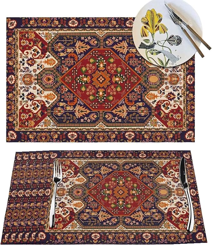Persian Design Placemats Set of 4 Tribal Texture Boho Persian Rust Wipeable Table Mats Reusable Washable PVC Rectangle Place Mats for Kitchen Dining Home Decor 12x18 Inches
