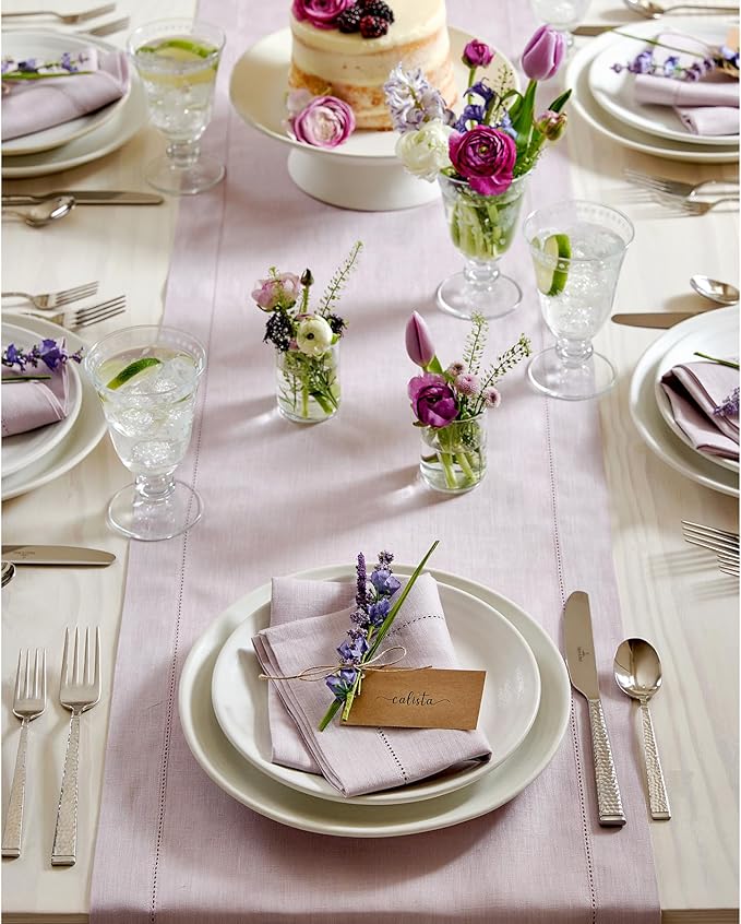 Solino Home Linen Table Runner 36 Inches - 100% Pure Linen Lilac Hemstitch Table Runner 14 x 36 Inch Ideal for Dresser and Coffee Tables, Valentines, Spring, Easter - Classic Hemstitch