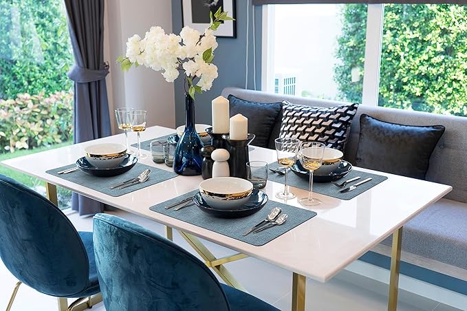 More Décor Faux Leather Placemats Set of 4 for Dining Table – Waterproof, Wipeable, Washable, Stain & Heat Resistant, Non-Slip Table Mats – 12 X 17 Inch, Blue