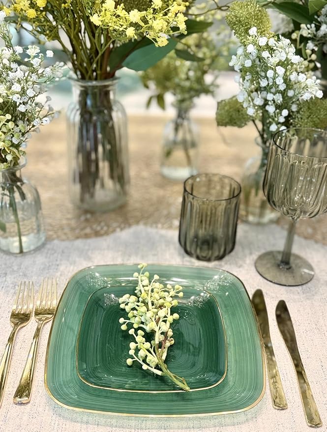 " OCCASIONS " 50 Plates Pack (25 Guests)-Wedding Party Disposable Plastic Plate Set -25 x 10'' Dinner + 25 x 7'' Salad & Dessert plates (Belize Square in Green & Gold)