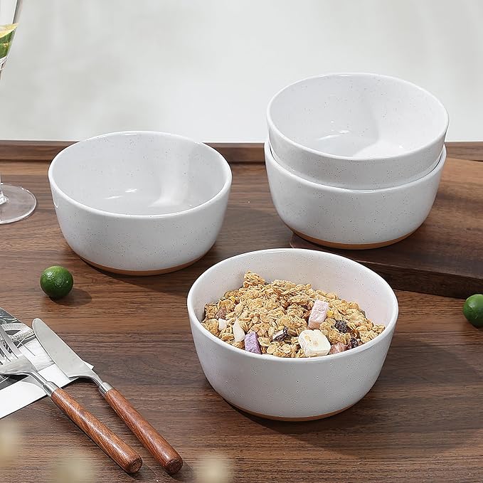 Cereal Bowls Set of 4,Ceramic Bowls for Kitchen,6 Inch Stoneware Bowls, Round Porcelain Pasta Bowl,Dishwasher&Microwave Safe,White(Brown Bottom)