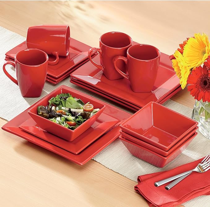 Montgomery Ward 16-Piece Sleek Red Square Dinnerware Set for 4 - Modern Stoneware Plates and Bowls Set (Red)