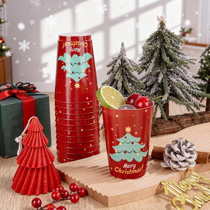 I00000 50Pcs 12oz Christmas Tree Design Christmas Plastic Cups, Premium Disposable Cups Cocktail Cup, Red Xmas Party Cup with Star Pattern Design, Perfect for Xmas Party