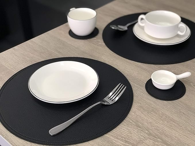 Set of 6 Faux Leather Round Placemats and Coasters, Coffee Mats Kitchen Table Mats, Waterproof, Easy to Clean for Kitchen Dining Round Table