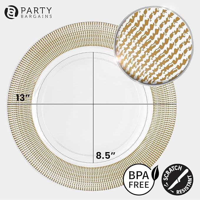 PARTY BARGAINS 13-Inch Charger Plates - 16 Pack, Clear Gold Textured Rim, Heavy-Duty Disposable Chargers for Elegant Dining - Ideal for Weddings and Formal Events