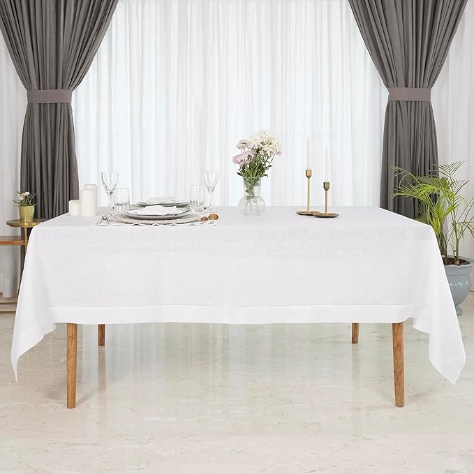 D'Moksha Homes White Linen Tablecloth for Rectangle Tables 60 x 90 Inch - 100% Pure Linen White Table Cloth - Classic Hemstitch, Machine Washable Tablecloth for Valentines, Spring, Easter