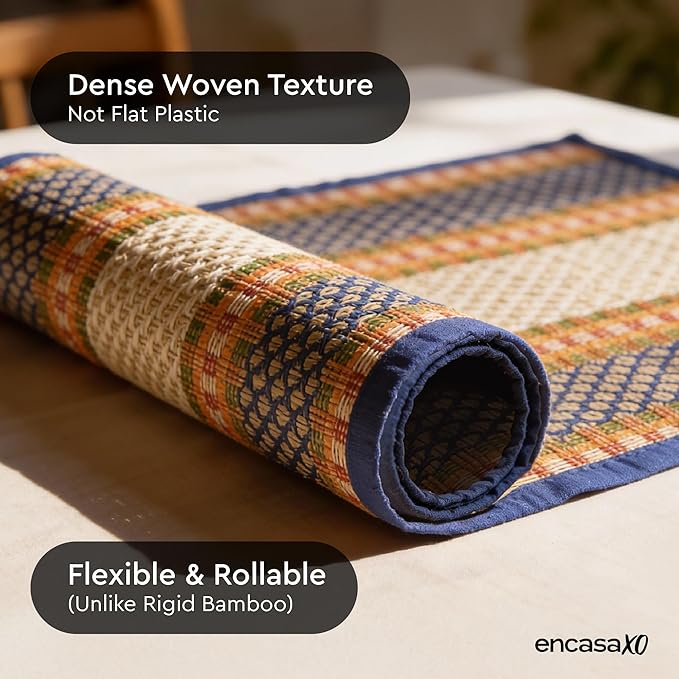 Encasa XO Woven Blue Placemats Set of 4 – 12" x 17" | Handwoven Madurkathi Grass Table mats for Dining Table, Kitchen & Outdoor Decor | Durable & Heat‑Resistant