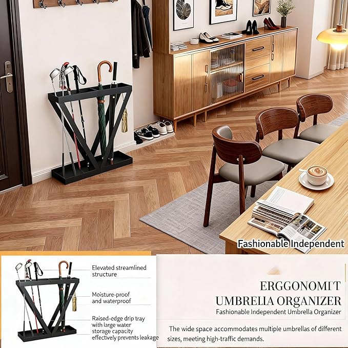 Modern Umbrella Stand with Drip Tray and Storage Shelf at The Entrance Foyer, Stylish Freestanding Umbrella Organizer, Indoor and Outdoor Umbrella Stand