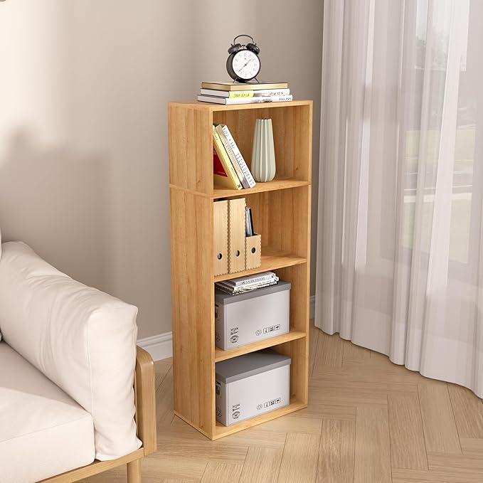 Wooden 4 Cube Storage Organizer, 4 Tier Tall Modern Bookshelf Freestanding Storage Display Organizer, Versatile Cubes Shelf and Cubby Unit for Living Room, Bedroom, Home Office 15.7inch