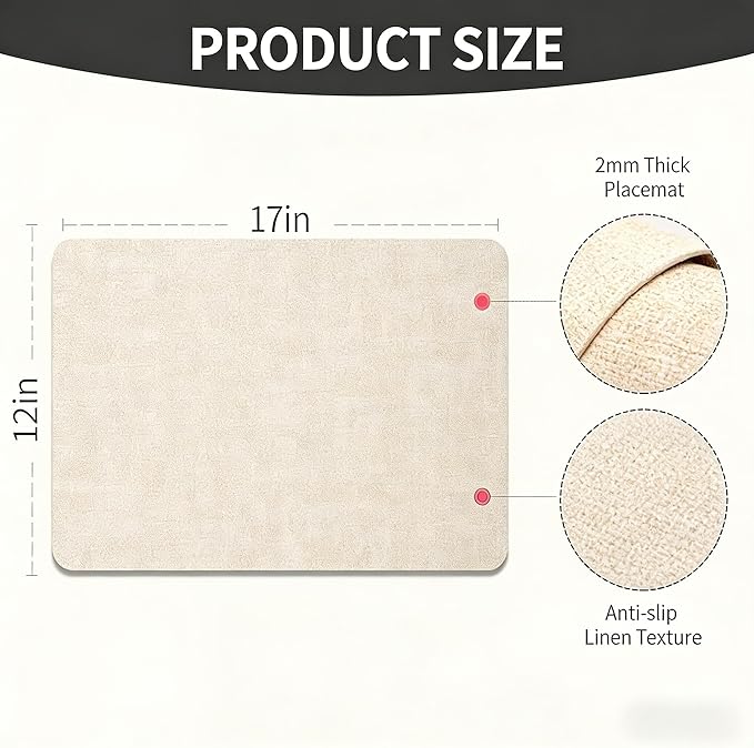 Faux Leather Placemats Set of 6, 17×12 Inch Waterproof Wipeable PU Place Mats Heat Resistant Anti Slip Dining Table Place Mats for Kitchen Dining Indoor & Outdoor Use (Beige)