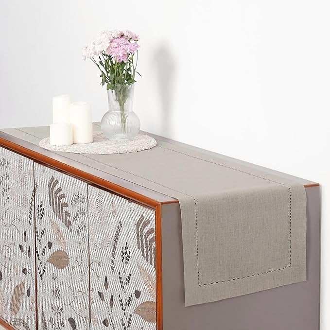 D'Moksha Homes Linen Natural Table Runner 120 Inches Long - 100% Pure Linen Hemstitch 14 x 120 Inch Table Runner for Dining, Valentines, Spring, Easter - Classic Hemstitch