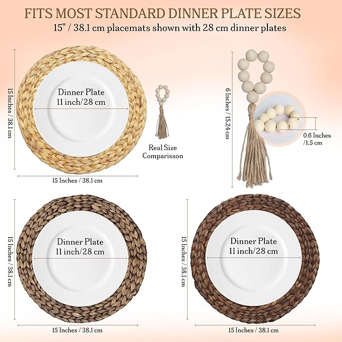 Round Woven Placemats Set of 6 (15 Inch) with Napkin Rings & Canvas Bag – Water Hyacinth Boho Farmhouse Table Mats, Heat Resistant Natural Wicker Chargers for Dining Table Decor by DECHUSE