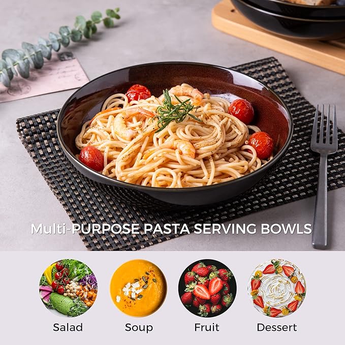 LERATIO Pasta Bowls,Ceramic 38oz Pasta Bowls,9.0" Reactive Glaze Pasta Bowl Set of 6,Microwave & Dishwasher,Oven Safe,Large Wide Serving Bowls for Salad, Dessert,Pizza,Fruit -Red